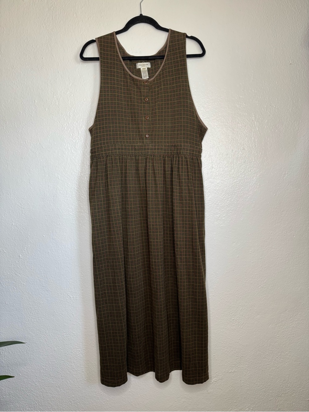 Jones New York - Vintage Sleeveless Brown Plaid Midi Dress 100% Cotton - Picture 2 of 12